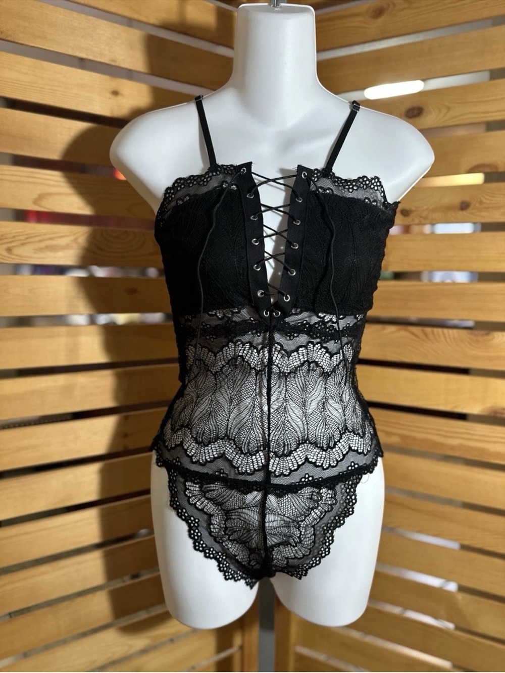 Black Lace Lace-Up Bodysuit with Sheer Floral Panels